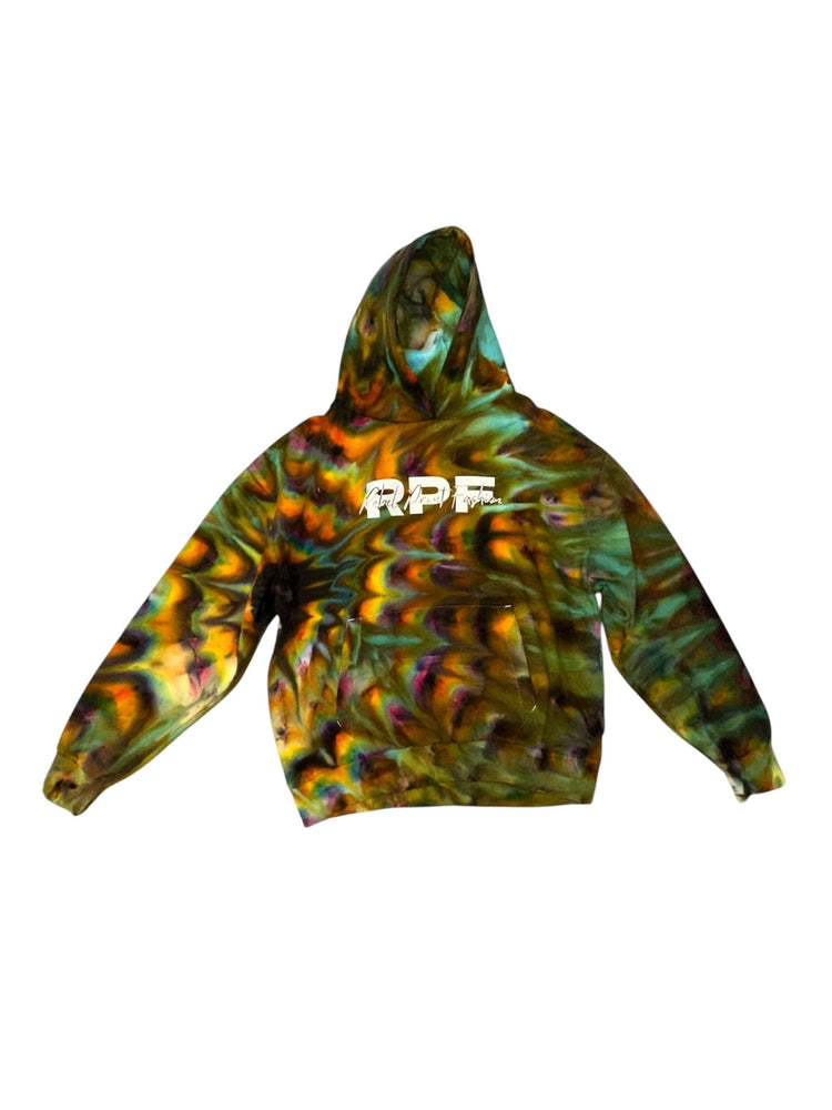 Handgefärbter Oversize Hoodie mit RPL Frontprint im Rebel Style- Batikmuster grün, braun, gelb lila
