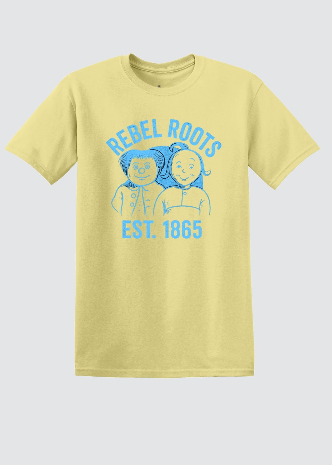 gelbes Shirt, rebel Roots Est 1865 in blauer Shirt, Comic Print inspiriert von Max & Moritz 