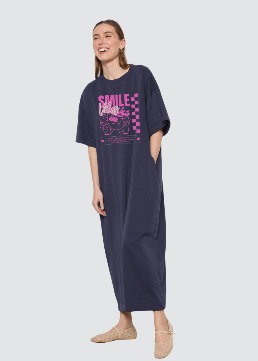 T-Shirt Dress Oversized Smile Vibes - Navy - rebelprintfashion