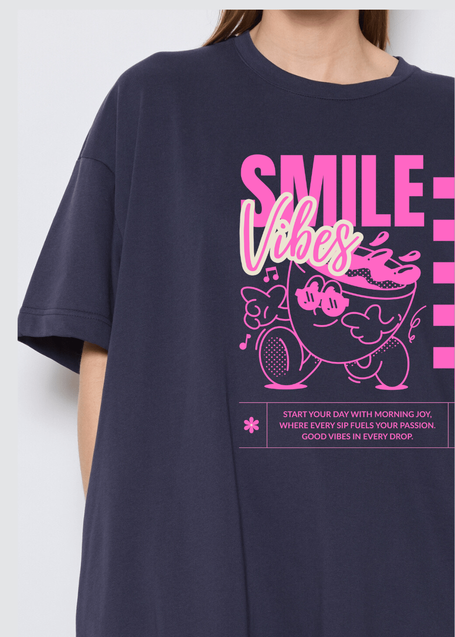 T-Shirt Dress Oversized Smile Vibes - Navy - rebelprintfashion